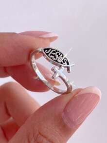 1pc Jesus Fish Cross Open Ring, Elegant Women's Jewelry Gift, Suitable For Date, Party, Anniversary - Jesus Fish - View 2
