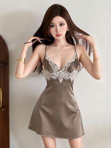 Top Dazzle Elegant Women's Sleeveless Cami Short Dress With Deep V Neck And Delicate Ruffle Lace Details For A Seductive Look - Brown - View 3