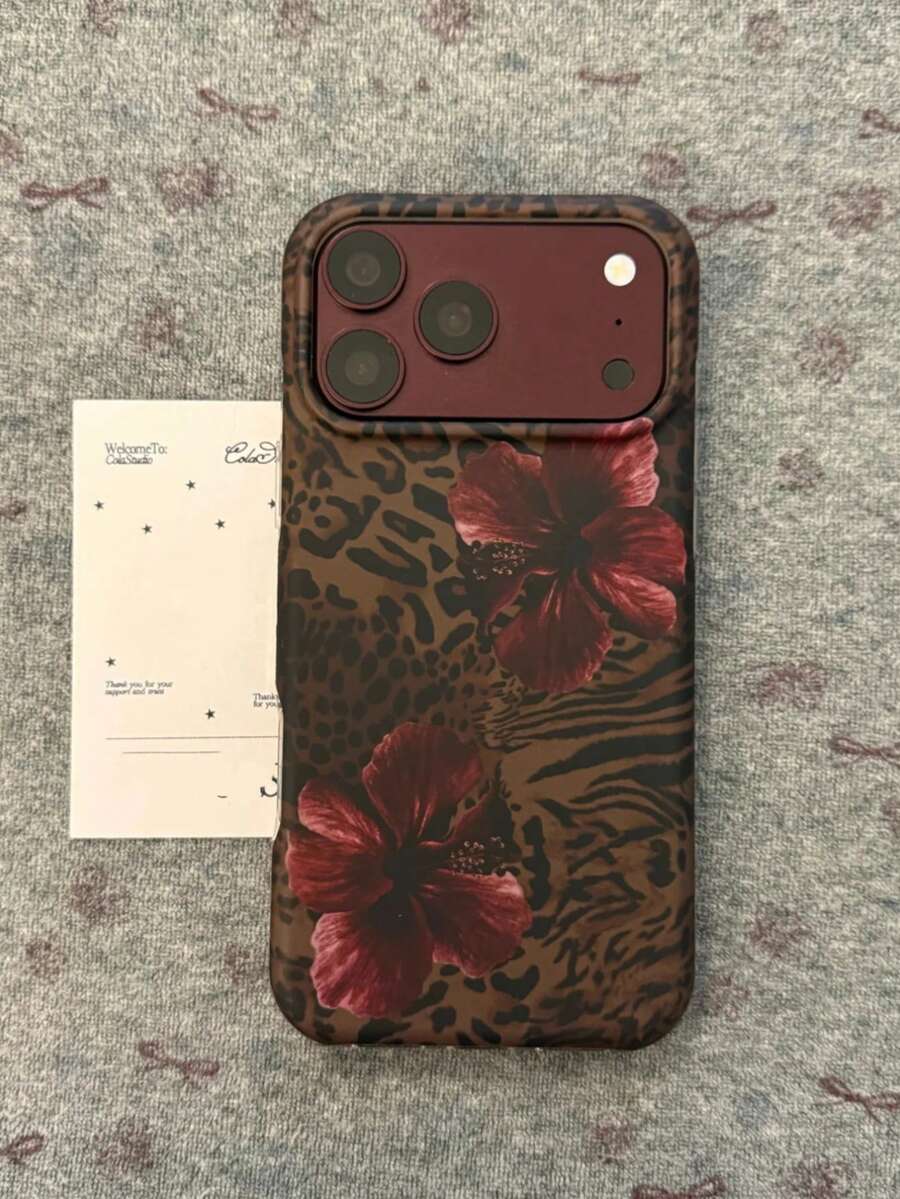 Autumn/Winter Vintage Leopard Print Burgundy Lily Flower Phone Case Compatible With Iphone 18 Pro Max, 17 Pro, 16 Pro Max/15 Pro, Shockproof Dual Layer, Waterproof - Brown - View 1