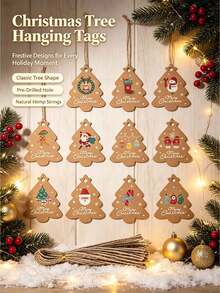 48pcs Vintage Christmas Tree Shaped Slogan Pattern Gift Tags With Rope, Santa Claus And Snowman Pattern Paper Gift Decoration Labels, Suitable For Christmas Party Gifts, Christmas - Multicolor - View 4