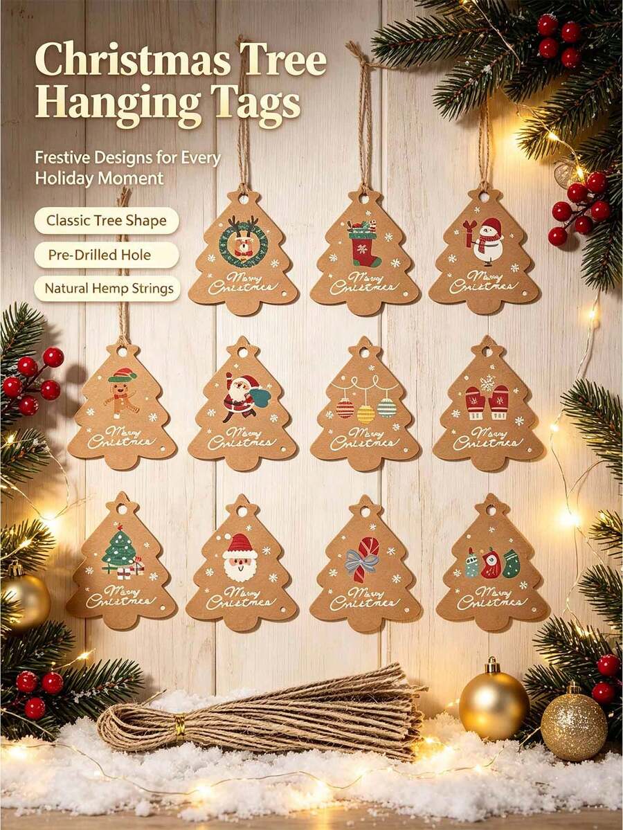 48pcs Vintage Christmas Tree Shaped Slogan Pattern Gift Tags With Rope, Santa Claus And Snowman Pattern Paper Gift Decoration Labels, Suitable For Christmas Party Gifts, Christmas - Multicolor - View 1