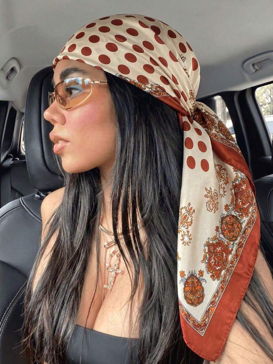 1pc Women's Fashion Polka Dot & Paisley Print 90cm Square Scarf, All-Season Versatile Decorative Bandana