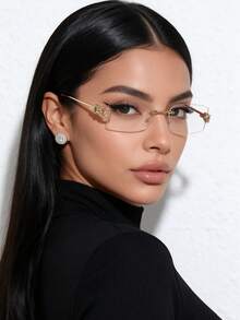 1pc Light Mature Sexy Style Gold Rimless Non-Prescription Glasses Glasses, Women's Metal Lock Design Elegant Commute Versatile No-Makeup Look Eyewear Frame, Suitable For Daily Use - Gold Frame Flat - View 1