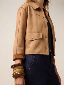 Jaket Pendek Wanita Bahan Suede Imitasi, Pilihan Sempurna untuk Busana Musim Gugur dan Acara Santai - Jahe - View 2