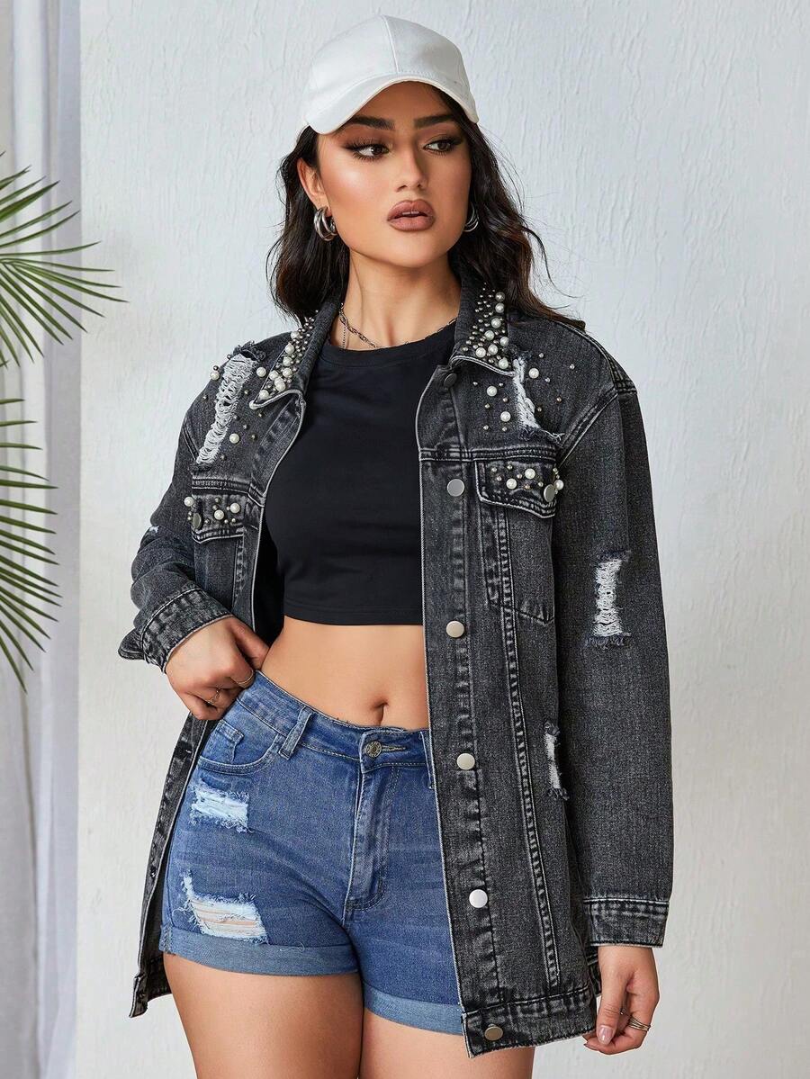 Rivet Decor Distressed Flap Pocket Drop Shoulder Denim Jacket - Women Spring Denim Jacket Casual