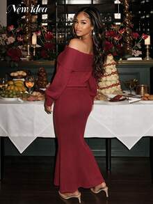 NEW IDEA Women Elegant Burgundy Fall Winter Two Pieces Outfit, Off Shoulder Long Sleeve Knit Top & Mermaid Maxi Skirt Set For Holiday Dinner, Party - Red - View 2