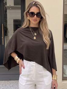 1pc Solid Color Cape-Style Patchwork Long Sleeve Top For Women, Niche Design, Daily Commute, Date, Afternoon Tea, Drapey, Flattering, Slimming Base Layer T-Shirt - Coffee Brown - View 3