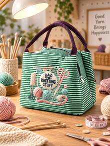 Handbag With Yarn, Scissors And Knitting Needles Print, Suitable For Storing Sewing Tools, Cosmetics And Small Personal Items. Multiple Fresh Striped Color Options, Suitable For Handmade Enthusiasts And Commuters, Artistic Handmade Healing Style, Perfect As A Practical Creative Gift For Girls Who Love Knitting And Sewing - Multicolor - View 5