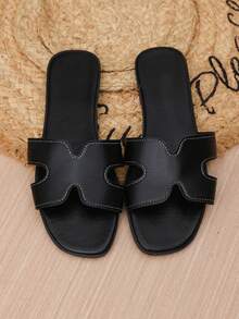 Black Versatile Women's Flat Slip-On Sandals, Smooth PU Hollow H-Strap, Summer Commuter Style, Suitable For Beach Travel, Weekend Shopping And Patio Leisure - Black - View 7