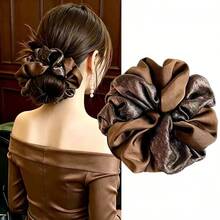High Bun Large Satin Scrunchie For Women, Blue-Brown Floral Hair Tie, High Elasticity Hair Rope, Fat Hair Band - Multicolor - View 2