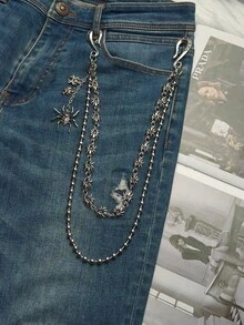 Vintage Silver Double Layer Beaded Pants Chain With Spider Charms, Dark Aesthetic Jean Wallet Chain, Unisex Streetwear Accessory - Multicolor - View 3