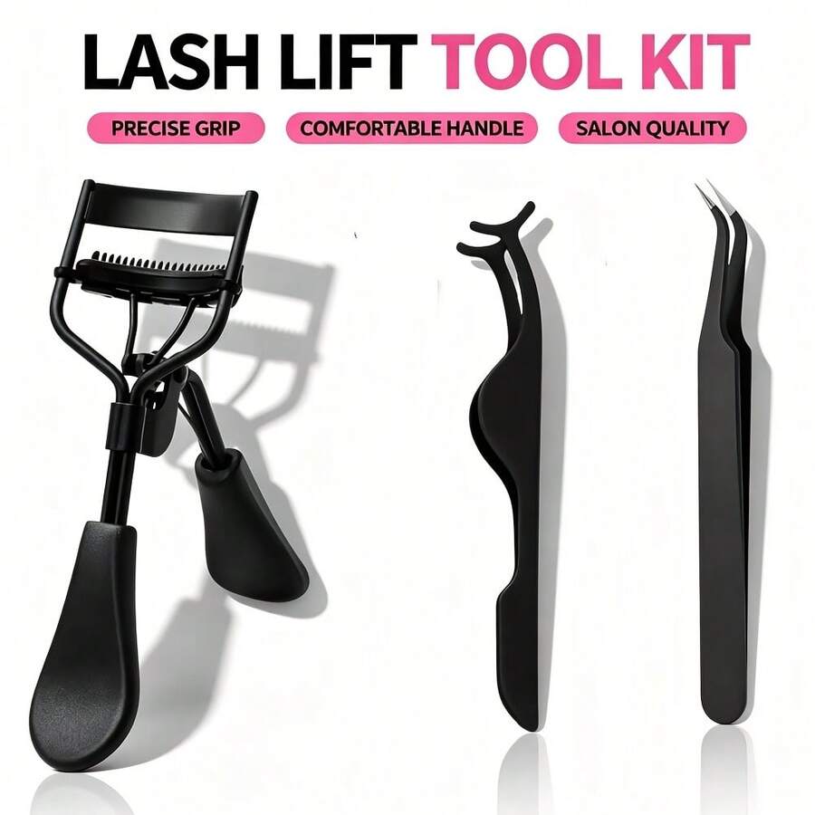 2pcs/Set Dual-Ended Eyebrow Brush, Eyelash Curler, Eyelash Tweezers, Eyelash Extension Tweezers, Eyelash Steel Comb, False Eyelash Adhesive Makeup Tool Set - Black - View 1