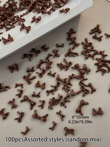 100pcs Solid Matte Brown 3D Ribbon Nail Art Decorations, Mixed Resin Bows In Various Shapes, Autumn/Winter Mini Ribbon Nail Accessories, DIY Nail Design, Nail Supplies - Brown - View 6