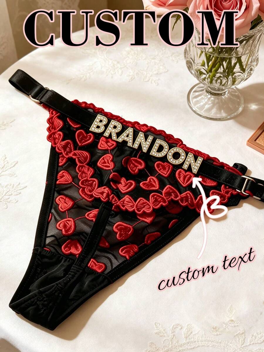 1pc Women's Customized Rhinestone Text & Red Heart Embroidered Black Mesh Thong, Personalized Lingerie Gift For Her - Multicolor - View 1