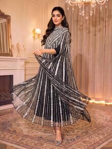Shiny Women's Arabic Style Long Dress, Black With Silver Sequin Stripes, Stand Collar, Cape Sleeves, Suitable For Evening Party - black silver - View 1