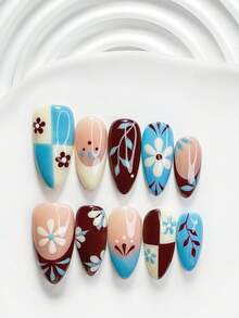10pcs Handmade Cottage Style Press-On Nails, Polygel Nail Art Set, Daisy Blue & Brown Nails, Artistic Fresh Style, Includes Nail Tools, 3 Sizes Available: Square, Short Square, Almond, Suitable For Party, Dancing, Daily Wear (Handmade Details May Vary) - Multicolor - View 15