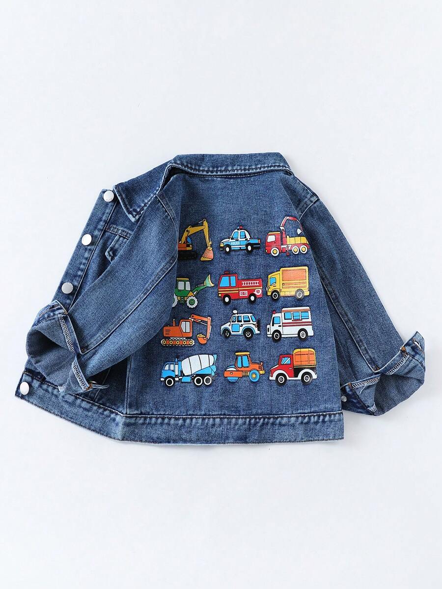 Jaket Denim Anak dengan Gambar Kartun Mobil di Bagian Belakang, Kerah Lipat, Atasan Lengan Panjang Kasual untuk Anak Laki-laki - Medium Wash - View 1