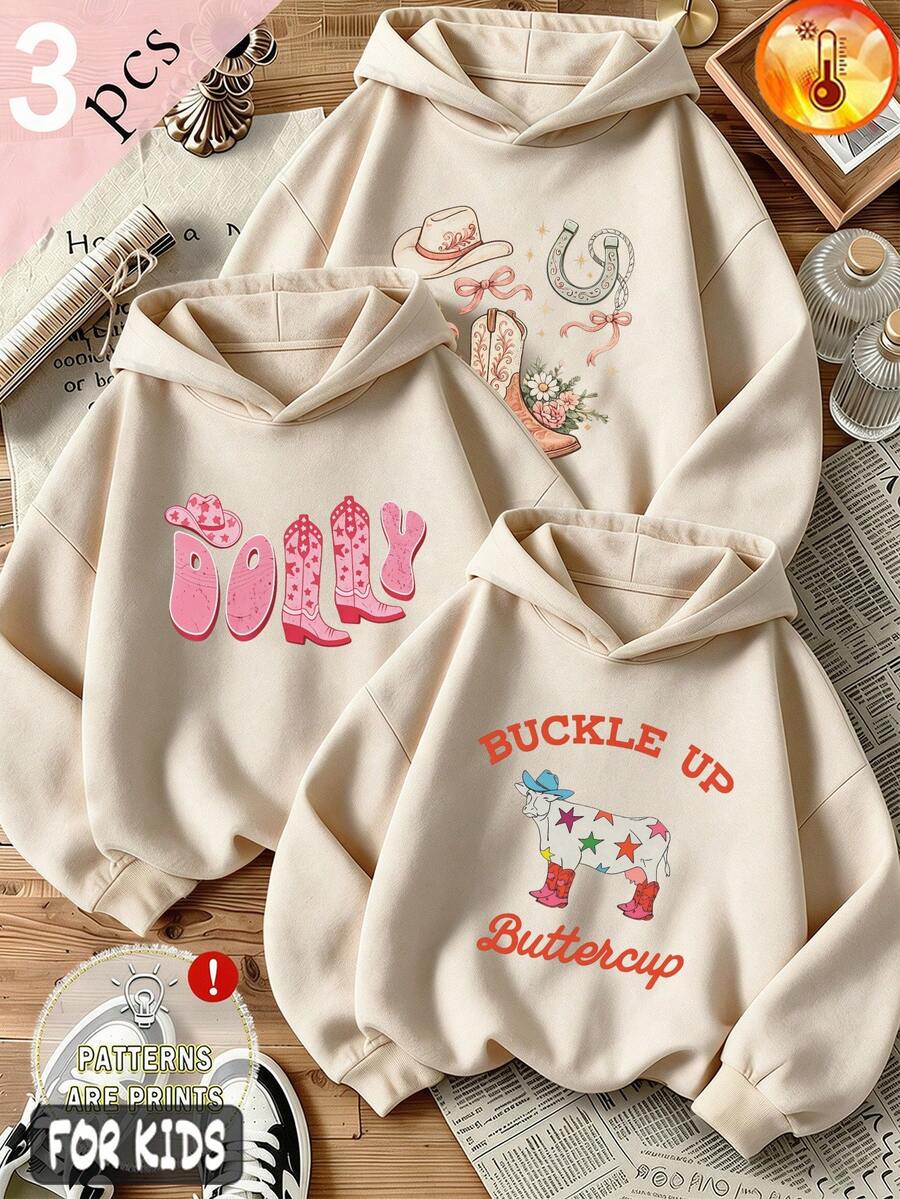 Autumn/Winter 3 Pieces Set For Girls: Fleece Hooded Sweatshirt With Denim Boots, Decorated With Horseshoe, Bow, Flower, Cow Print, Y2K Style - Apricot + Apricot + Apricot - View 1