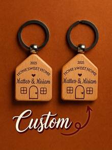 1pc Personalized Wooden House Keychain, Custom Engraved Name & Text Key Ring, Suitable For Couples And Families, Valentine's Day, Anniversary And Housewarming Gift - Multicolor - View 8