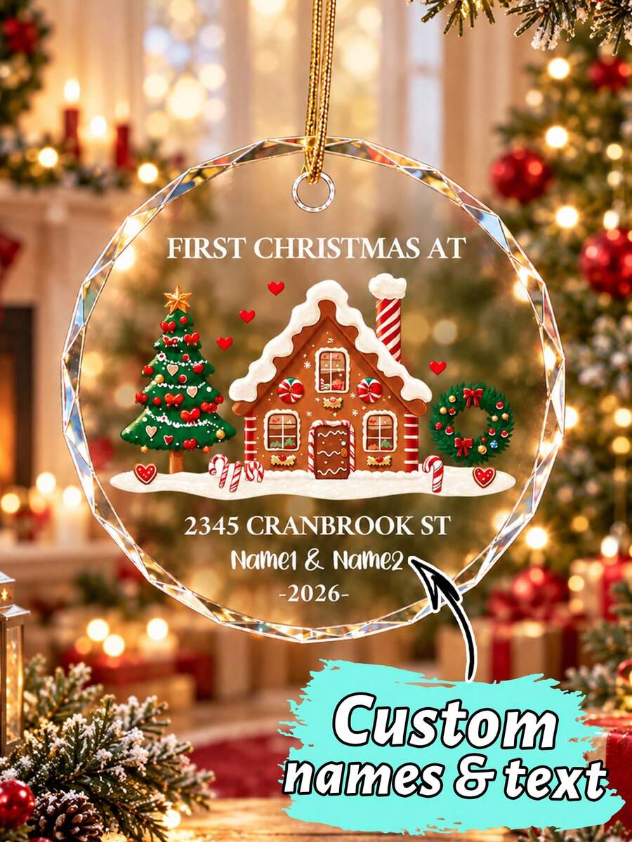 Custom Gingerbread House Christmas Ornament, Cozy First Christmas Home Decor, Personalized Name & Address Keepsake, Christmas Tree Decorations, Customized Text Wall Hanging For Holiday Party Supplies, Customizable 2026 Housewarming Gift For Couples - Style E - View 1