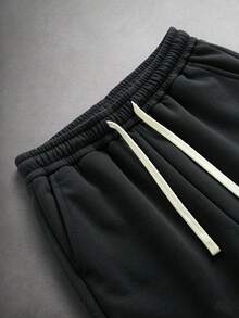 Men's Thermal Lined Wide Leg Sweatpants, Loose Drape With Drawstring, Elastic Waist, Street Casual Style Versatile, Autumn/Winter Essential Fashion Sports Long Pants - Black - View 4