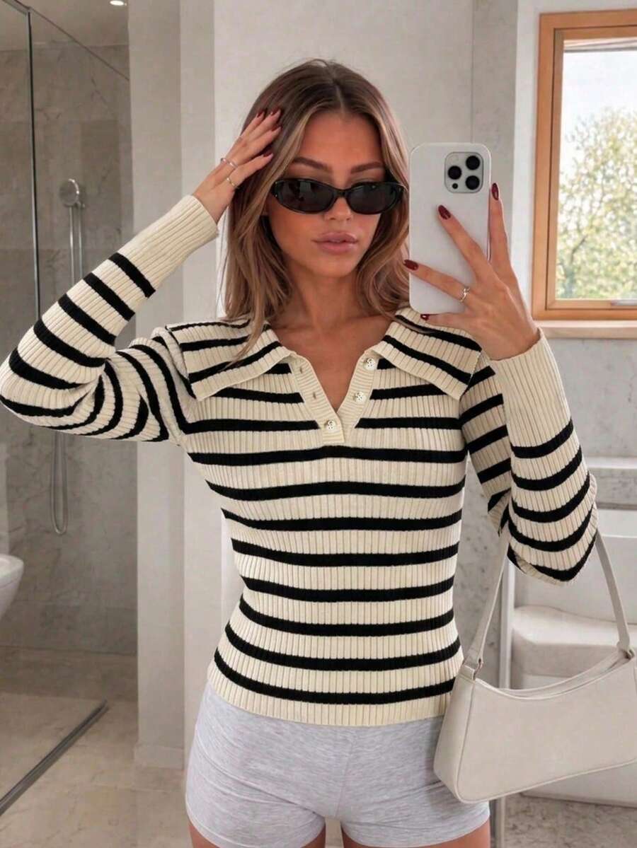 Women's Vintage Striped Long Sleeve Slim Fit Colorblock Front Button Slimming Sweater, Autumn - Apricot - View 1