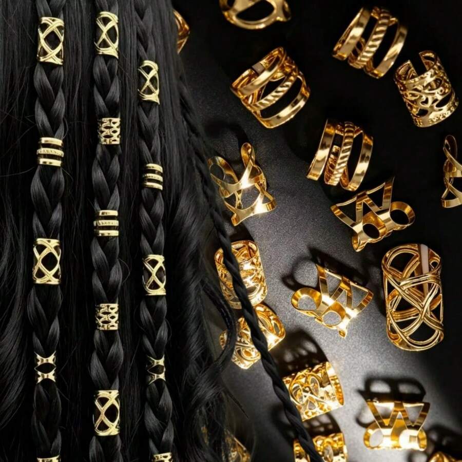 60pcs Gold Metal Dreadlock Hair Rings, Multi-Style Hollow Braided Hair Accessories, Lock Hair Jewelry For Women - Multicolor - View 1