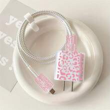 5pcs 2D Flat Design Pink Leopard Print Phone Charger Protector Set, Charger Head Cover + Cable Protector + Storage Rope + Data Cable Protector Spiral Wrap, Suitable Compatible With Iphone 20W/18W Charger - Multicolor - View 1