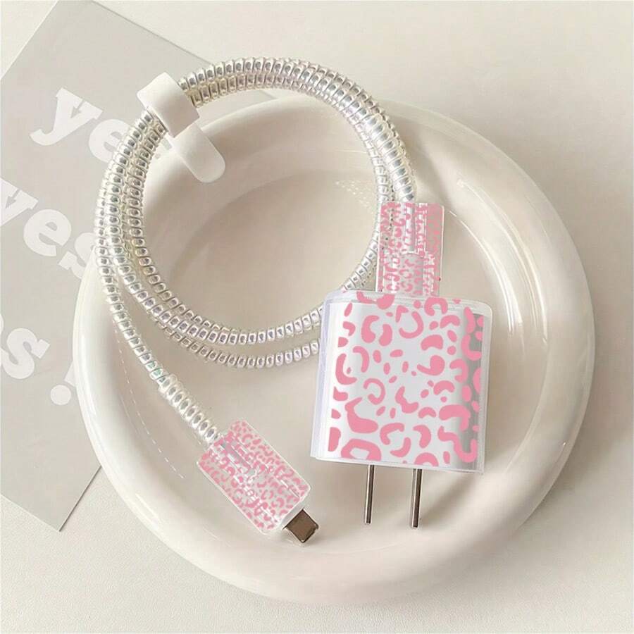 5pcs 2D Flat Design Pink Leopard Print Phone Charger Protector Set, Charger Head Cover + Cable Protector + Storage Rope + Data Cable Protector Spiral Wrap, Suitable Compatible With Iphone 20W/18W Charger - Multicolor - View 1
