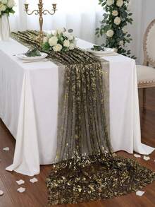 1pc Black & Gold Sequin Table Runner, Shattered Gold Tulle, Polyester Rectangular Shiny Tablecloth, Wedding Table Runner, Birthday Baby Shower Wedding Party Decoration, Halloween Party Decoration, Happy Halloween Home Decor, Trick Or Treat Decoration - Black Gold - View 1