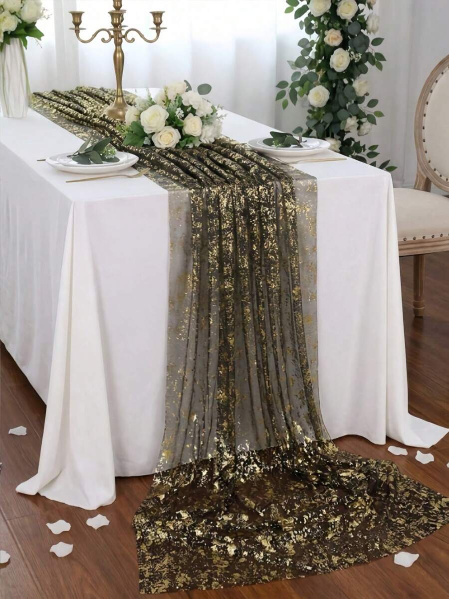 1pc Black & Gold Sequin Table Runner, Shattered Gold Tulle, Polyester Rectangular Shiny Tablecloth, Wedding Table Runner, Birthday Baby Shower Wedding Party Decoration, Halloween Party Decoration, Happy Halloween Home Decor, Trick Or Treat Decoration - Black Gold - View 1