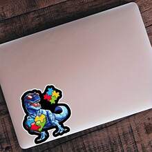 2Pcs Autism Awareness Dinosaur Vinyl Stickers, Puzzle Heart T-Rex Decal, Waterproof Sticker For Car Laptop Hard Hat, Autism Gift - A - View 3