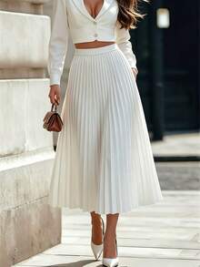 New Arrival Spring/Summer High Waist Pleated Skirt, Draping Slimming Design, Mid-Length A-Line Skirt, Retro French Style White Elegant - White - View 1