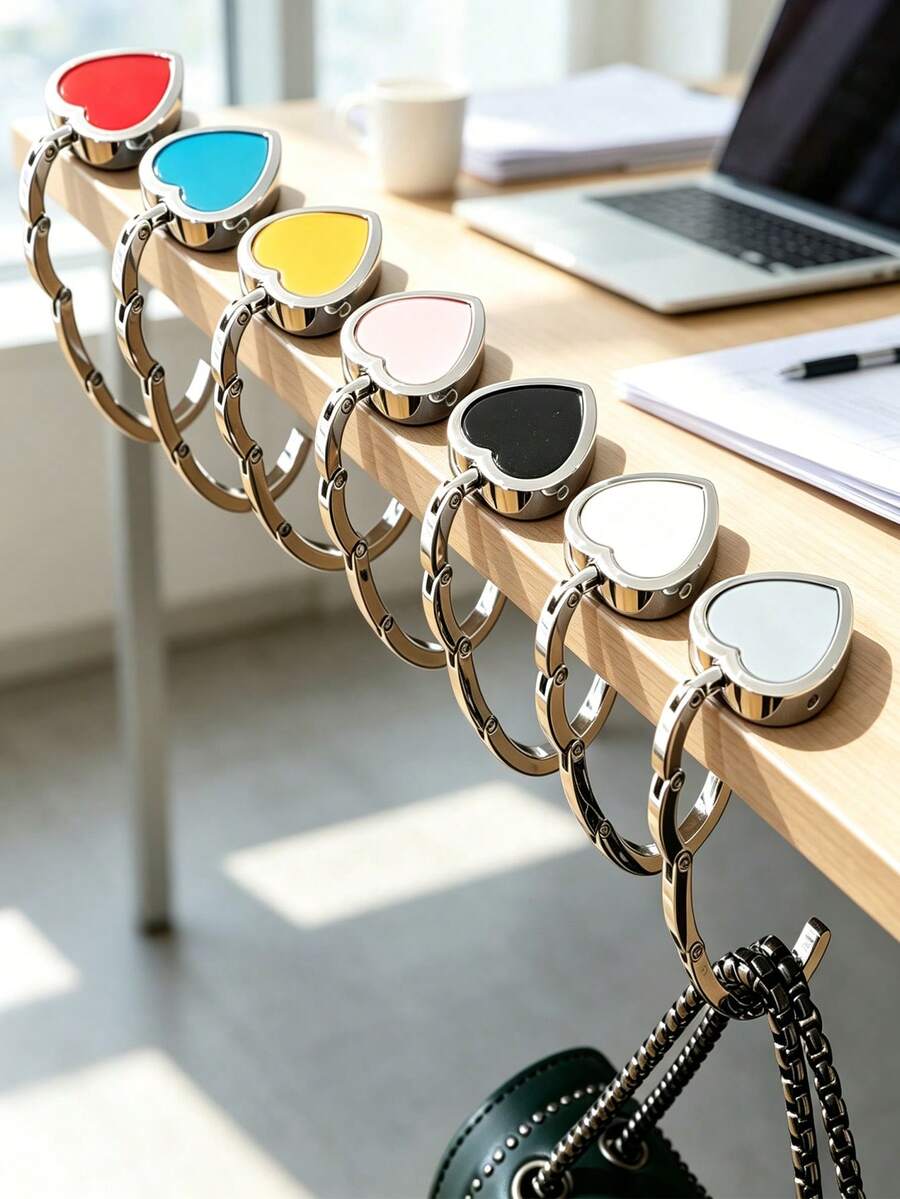 1pc Elegant Heart Shaped Foldable Metal Bag Hanger, Smooth PU Inlay, Portable Table Edge Purse Hook, Home Organization And Storage, Office Supplies And Accessories, Room Decor, For Cafe, Office, Daily Dating & Party Use - Multicolor - View 1