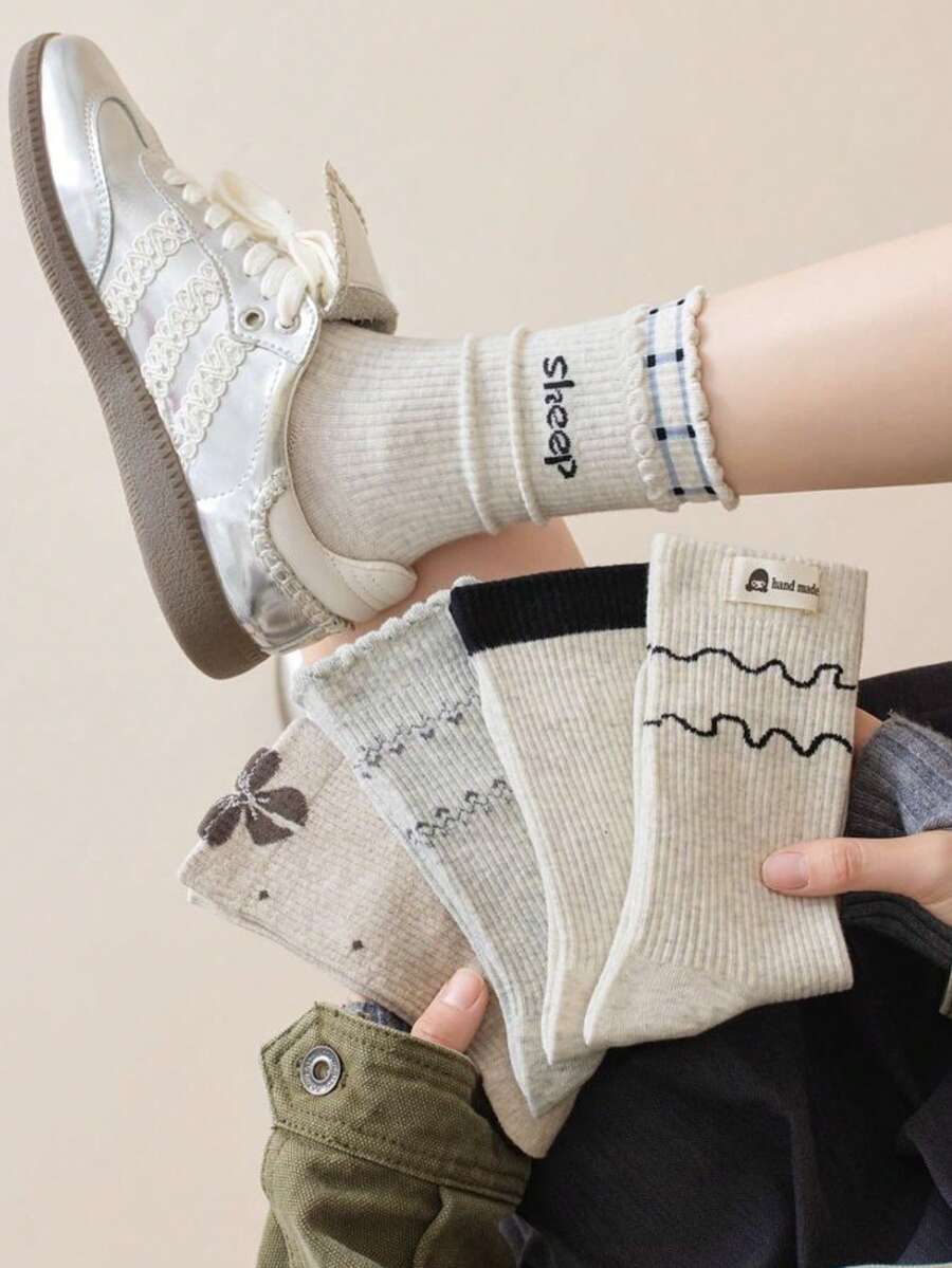 5 Pairs Women's Beige Grey Warm Mid-Calf Socks - Multicolor - View 1