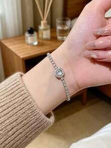 1pc Luxury Cubic Zirconia Geometric Copper Alloy Bracelet, Suitable For Women's Daily And Party Wear - Silver - View 5
