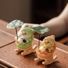 yucen Cute Duck Car Ornament Office Desk Decor Stress Relief Healing Fun Desktop Figurine Tea Pet Rocking Chair Lotus Leaf Duck - A - View 5