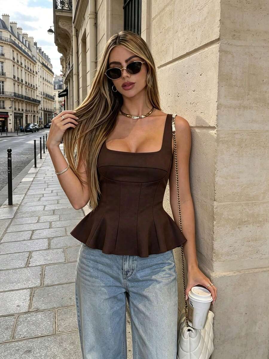 All-Season Versatile Tank Top, Dark Color Stretch Knit Casual Summer