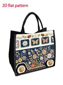 Vintage Floral Bus Pattern Tote Bag With Makeup Bag, Large Capacity Shopping Shoulder Handbag, Flat Print Storage Bag, Suitable For Travel, Commuting, Gifting - Multicolor - View 15