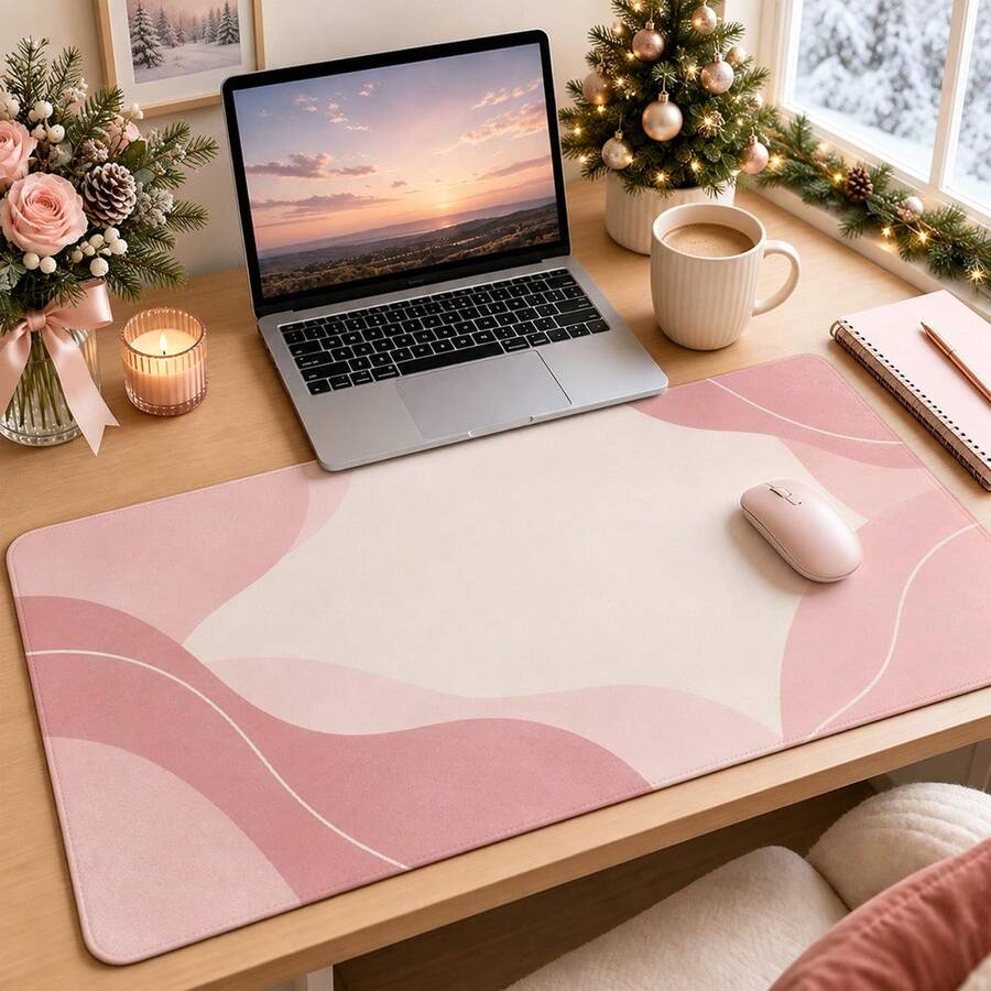 1pc Pastel Pink Abstract Desk Mat, Large Mouse Pad, Polyester Fiber Surface, Non-Slip Rubber Base, Makeup Mat For Home Decor, 4 Sizes Available - View 1