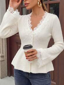 Women's Autumn/Winter Lace Trim Ruffle Hem Ribbed Knit Cardigan, Casual Daily Long Sleeve Vacation Outfit, Elegant Slim Fit Top - White - View 8