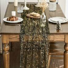 1pc Black & Gold Sequin Table Runner, Shattered Gold Tulle, Polyester Rectangular Shiny Tablecloth, Wedding Table Runner, Birthday Baby Shower Wedding Party Decoration, Halloween Party Decoration, Happy Halloween Home Decor, Trick Or Treat Decoration - Black Gold - View 8