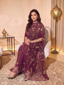 Luxurious Beaded & Sequin Arabian Maxi Dress, Stand Collar Cloak Sleeves, Perfect For Formal Events - Red Gold - View 4
