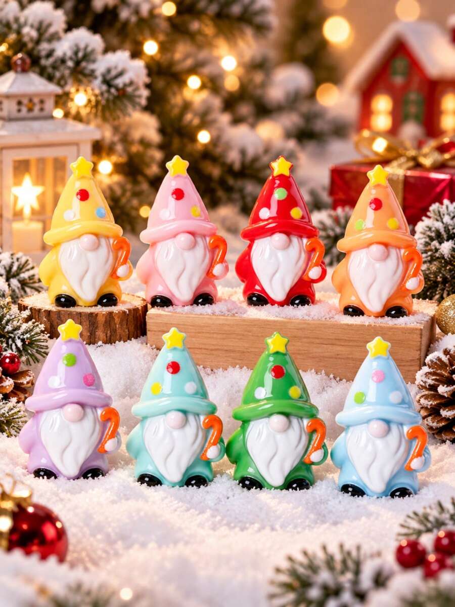 5PCS Christmas Gonk Figurines, Colourful ABS Gnome Decorations With Star Hats And Candy Canes For Tabletop Shelf Mantel And Festive Home Decor - Macaron Elf - View 1