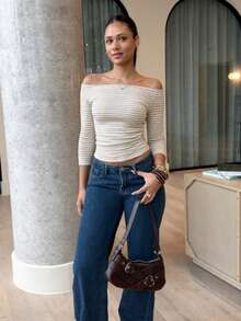 Fashionable Off-Shoulder Cold Shoulder Slim Fit Striped Flattering Long Sleeve Cropped Top T-Shirt - Black - View 8