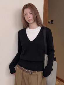 Korean Style Casual 2 In 1 Patchwork V-Neck Long Sleeve Top, Women's Autumn/Winter Cinched Cinched Waist Contrast Color Knit Base Layer - Black and White Splicing - View 1