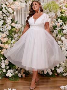 Women Plus Size Solid Color Romantic Elegant Lace Applique Ruffle Sleeve V-Neck A-Line Semi Formal Party Dress For Bridal Event Bachelorette Wedding - White - View 2