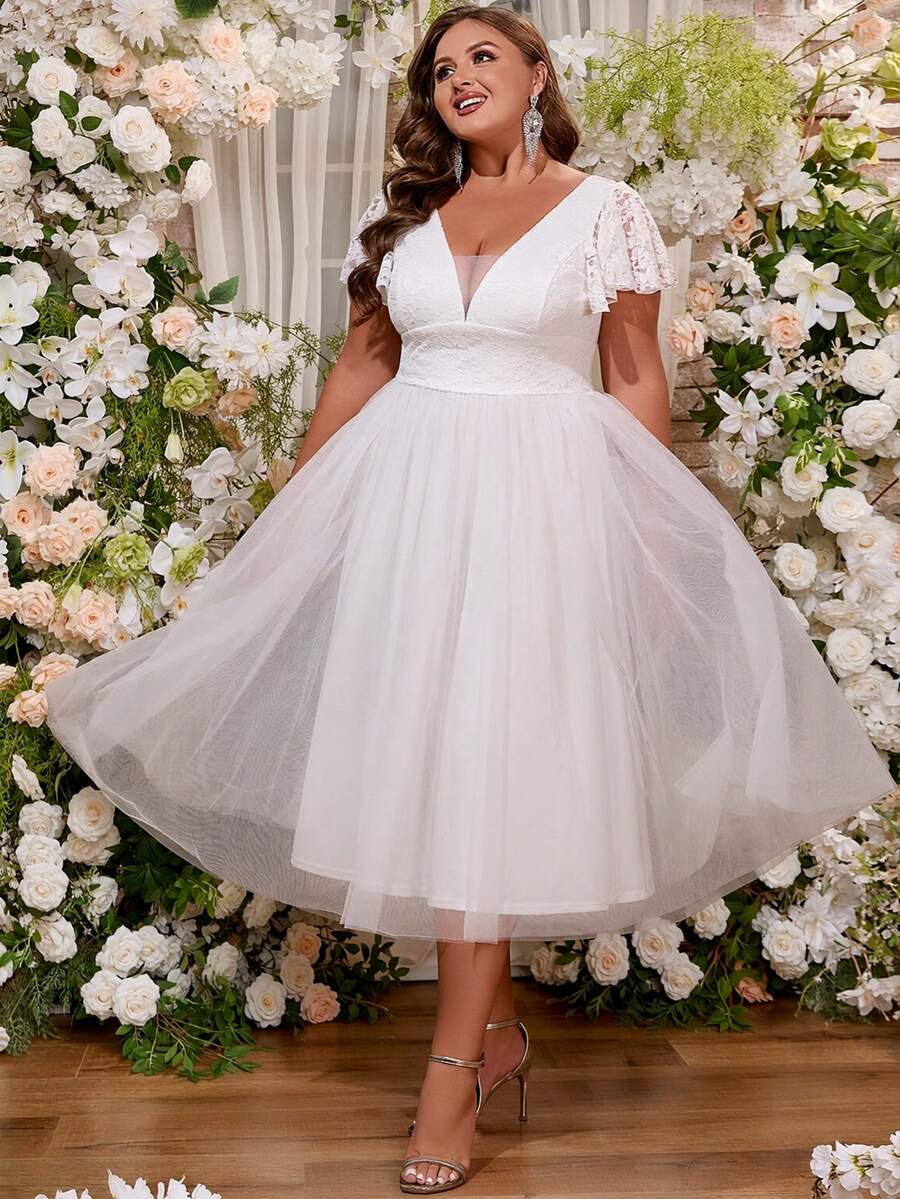 Women Plus Size Solid Color Romantic Elegant Lace Applique Ruffle Sleeve V-Neck A-Line Semi Formal Party Dress For Bridal Event Bachelorette Wedding