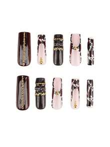 24Pcs Fall Winter Long Taper Press On Nails,Retro Cool False Nails,Wine Red Nude Cow Print With Gold Chain & Bead Metal Ornament Nail Kit With Jelly Glue & Nail File For Women - Brown - View 4