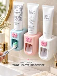 Wall-Mounted Automatic Toothpaste Dispenser, Toothpaste Holder, Dispenser, Toothpaste Storage Rack, Wall-Mounted Automatic Toothpaste Squeezer, Elegant Bow Decor, Suitable For Home, No-Drill Installation, Detachable And Replaceable Toothpaste Tube Holder, Hygienic Operation, Suitable For Bathroom, No Drilling Required, Also Suitable For Commercial Use - Multicolor - View 1